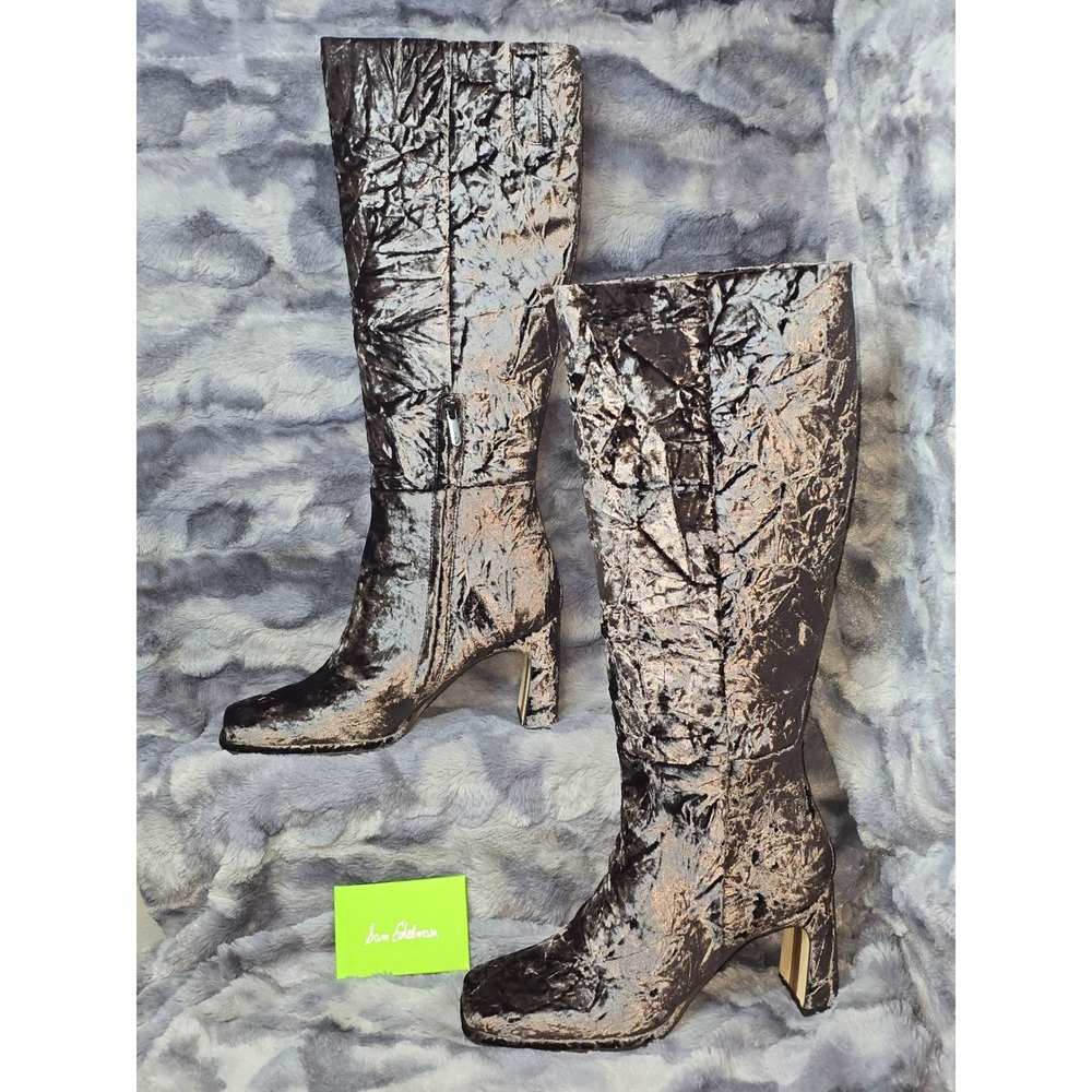 NWB Sam Edelman Issabel Coffee Crushed Velvet Square Toe Block Heel Boots SZ 9.5 - Picture 1 of 8